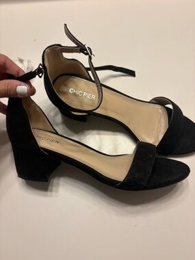 Black Suede Low Block Heel Sandals with Ankle Strap Chic Pier